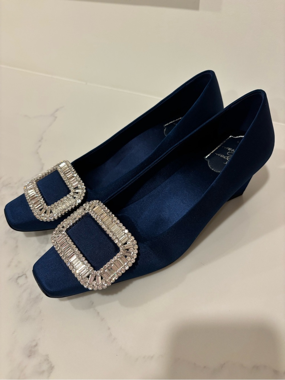 Roger Vivier Belle Vivier Crystal Buckle Blue Satin Pumps 37 Womens Heels